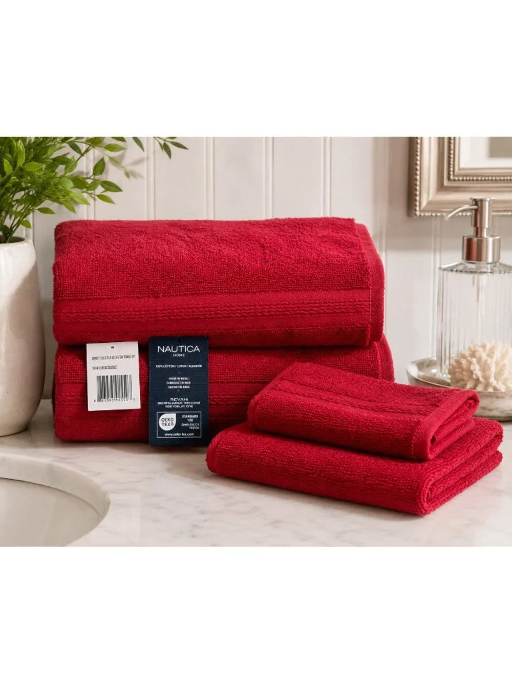 Nautica Home Red Cotton Towel Set NWT 2 Hand Towels 2 Washcloths OEKO-TEX